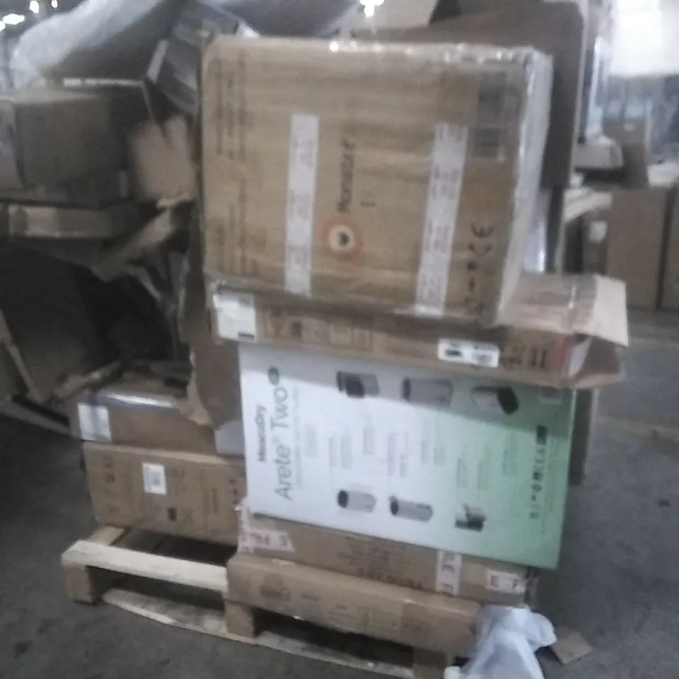 PALLET OF ASSORTED HOUSEHOLD GOODS AND PRODUCTS TO INCLUDE;CHIMNEY COOKER HOOD,DESK,CHAIRS,NINJA KETTLE,SHOES,LAWNMOWER,FLOOR TILES,PARASOL