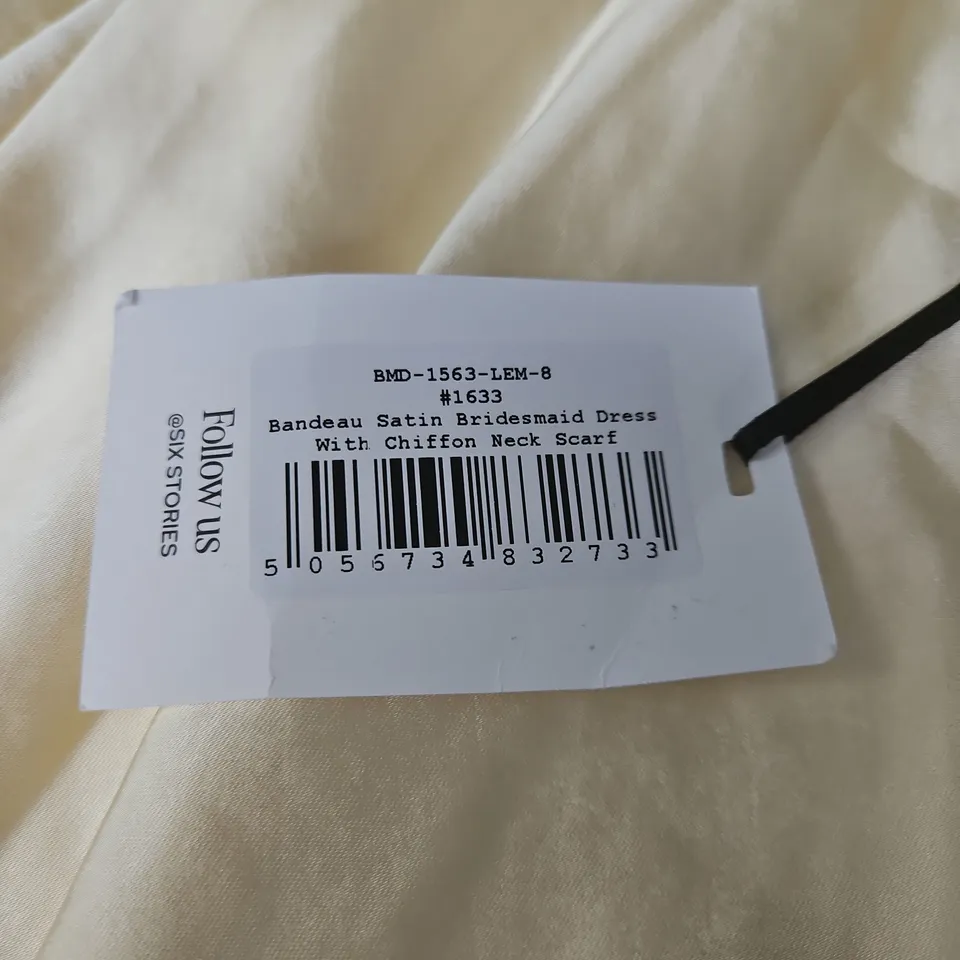 SIX STORIES BANDEAU SATIN BRIDESMAID DRESS WITH CHIFFON NECK SCARF – CREAM. SIZE 8