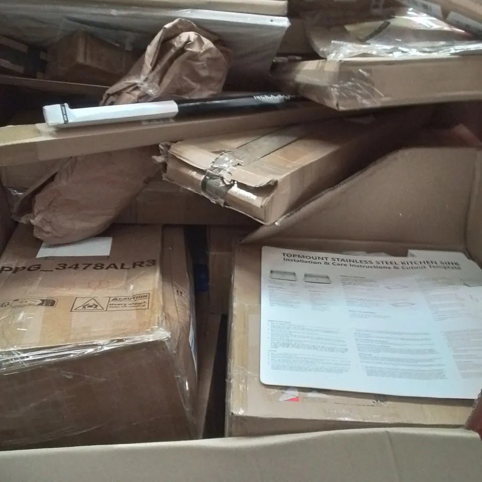 PALLET OF ASSORTED HOUSEHOLD GOODS AND PRODUCTS TO INCLUDE; KITCHEN SINK, BOXED FURNITURE ETC