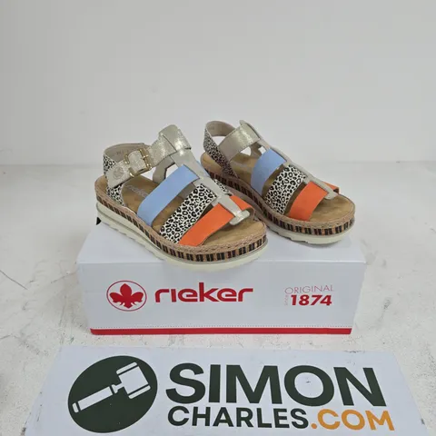 RIEKER WOMENβS LEOPARD PRINT SANDALS WITH ORANGE, BLUE & METALLIC STRAPS β WEDGE ESPADRILLE SIZE 4
