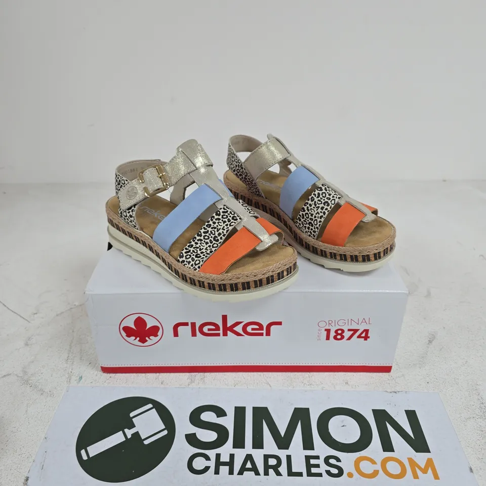 RIEKER WOMEN’S LEOPARD PRINT SANDALS WITH ORANGE, BLUE & METALLIC STRAPS – WEDGE ESPADRILLE SIZE 4