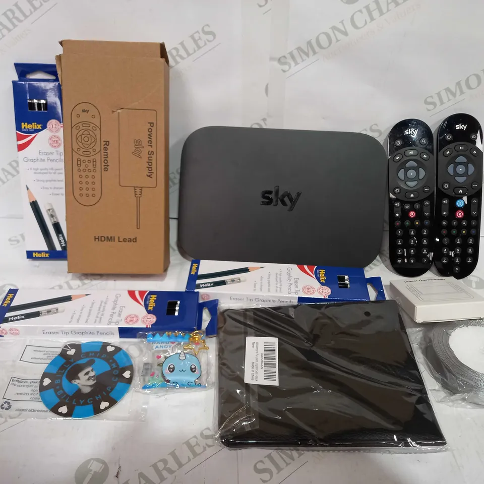 BOX TO CONTAIN APPROX 20 X ASSORTED HOUSEHOLD PRODUCTS, INCLUDES SKY BOX WITH SEVERAL REMOTES, HELIX PENCILS, SELFIE STICK ETC