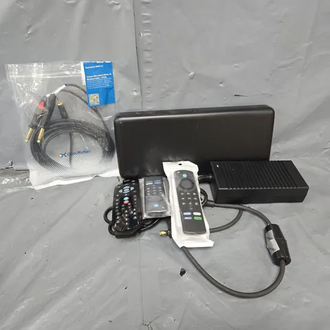 APPROXIMATELY 12 ASSORTED HOUSEHOLD ITEMS TO INCLUDE REMOTES, BREAKOUT CABLE, TV BOX PRO, ETC