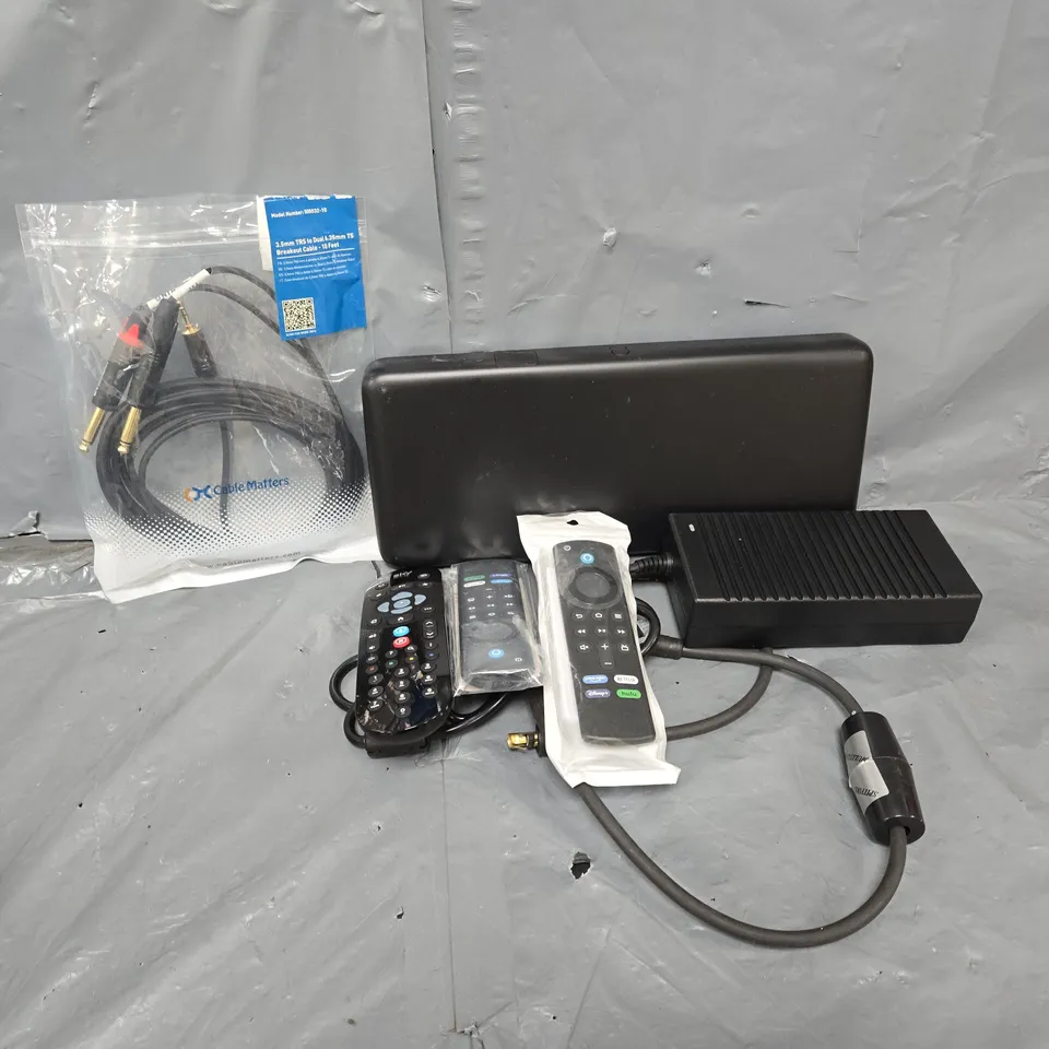 APPROXIMATELY 12 ASSORTED HOUSEHOLD ITEMS TO INCLUDE REMOTES, BREAKOUT CABLE, TV BOX PRO, ETC
