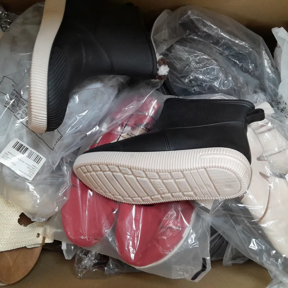 BOX OF APPROXIMATELY 15 ASSORTED PAIRS OF SHOES AND FOOTWEAR ITEMS IN VARIOUS STYLES AND SIZES TO INCLUDE CLARKS, SPORT, GEOX, ETC