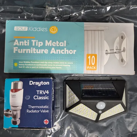 APPROXIMATELY 10 ASSORTED HOUSEHOLD ITEMS TO INCLUDE ANTI TIP METAL FURNITURE ANCHOR, THERMOSTATIC RADIATOR VALVE, ETC