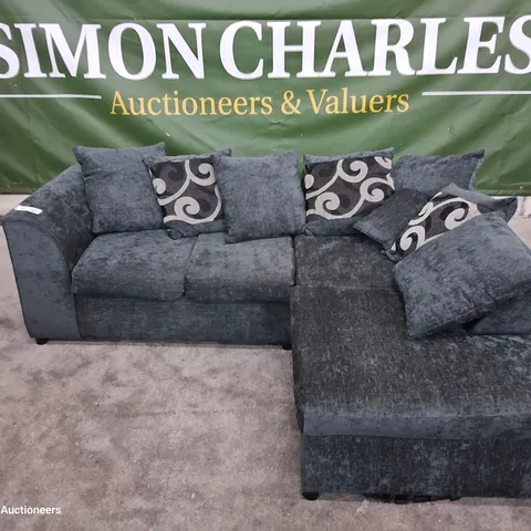 DESIGNER CHAISE SOFA WITH SCATTER CUSHIONS CHARCOAL FABRIC
