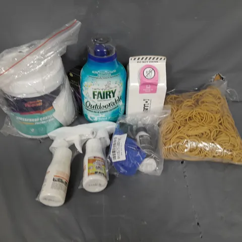 BOX OF ASSORTED HOUSEHOLD ITEMS TO INCLUDE SOFTNER, RUBBER BANDS AND  KITCHEN CLEANER