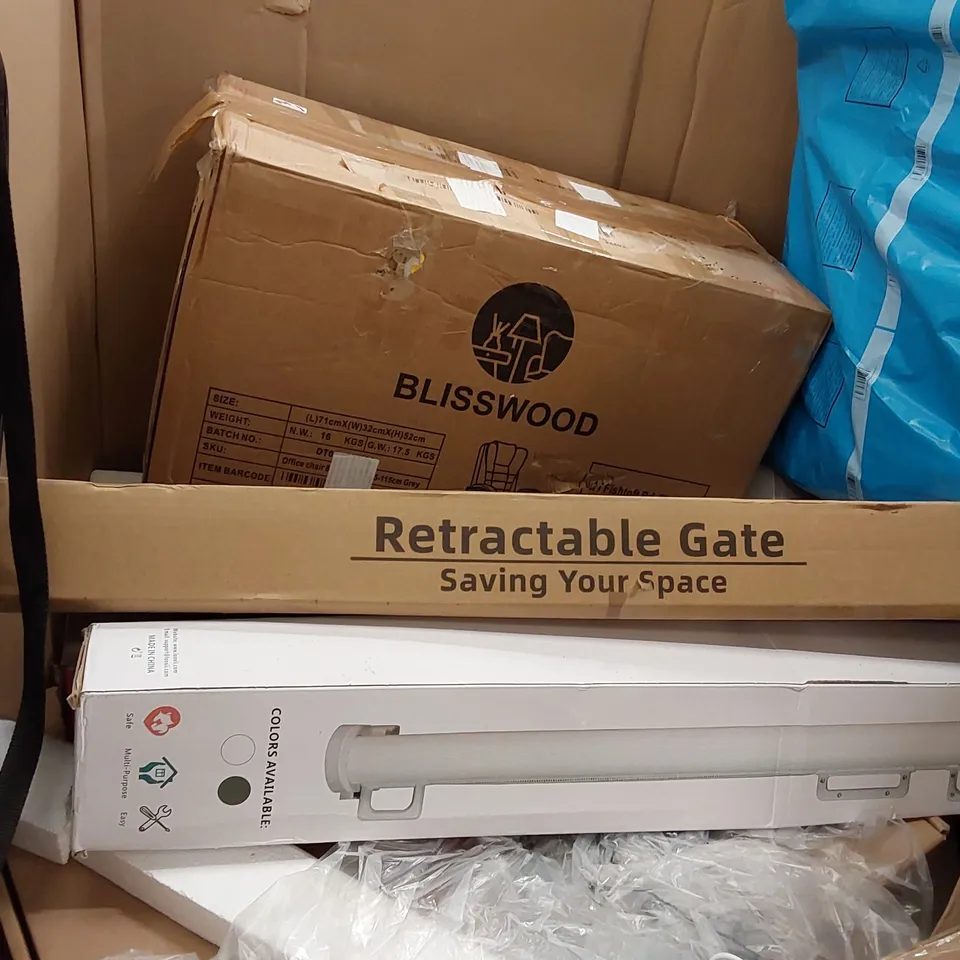 PALLET OF ASSORTED ITEMS INCLUDING: AIR FRYER, OFFICE CHAIR, LED STRIP LIGHTS, RETRACTABLE SAFETY GATES