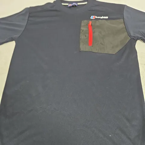 BERGHAUS NAVY T-SHIRT WITH OLIVE CHEST POCKET AND RED ZIP  -SIZE UNSPECIFIED 