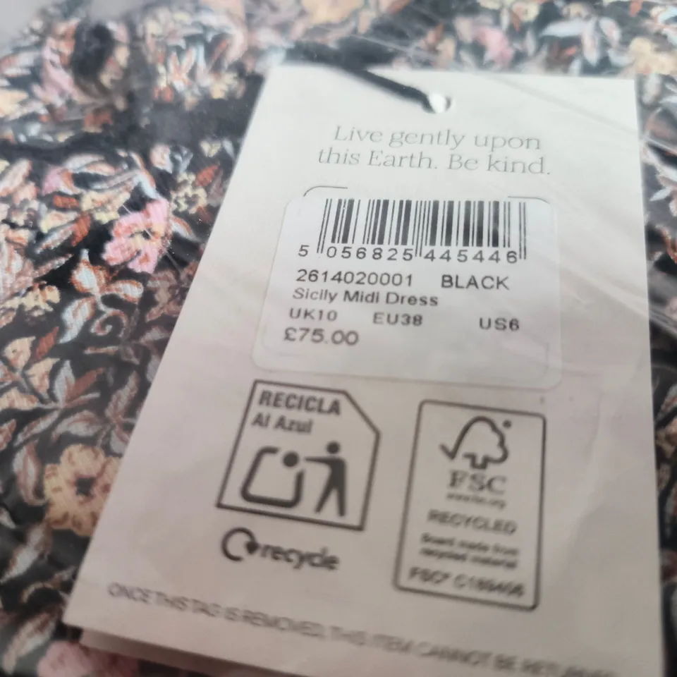 BAGGED NOBODYS CHILD SICILY MIDI DRESS – BLACK FLORAL PRINT, UK 10
