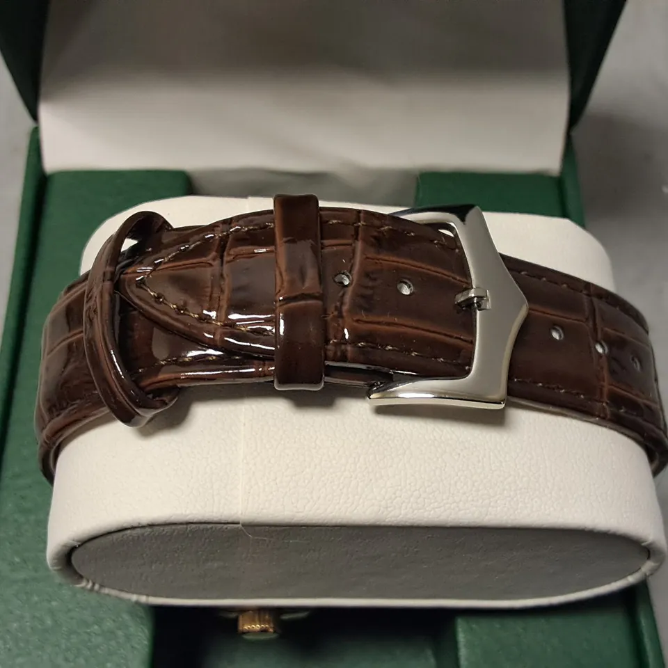FRANK SCHMIDT STAINLESS STEEL GREEN FACED GENTS WATCH WITH BROWN LEATHER STRAP 
