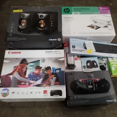 PALLET CONTAINING ASSORTED ELECTRICAL PRODUCTS INCLUDING BLUETOOTH BOOKSHELF SPEAKERS, CANON PIXMA TS3350 PRINTER, HP DESKJET 2810E PRINTER, AERIAL, BLUETOOTH CD BOOMBOX & KEYBOARD AND MOUSE COMBO SET