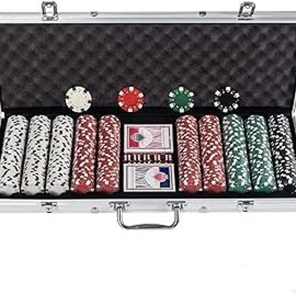 BOXED DISPLAY4TOP TEXAS HOLDEM POKER CHIPS SET WITH ALUMINUM CASE,2 DECKS OF CARDS, DEALER, SMALL BLIND, BIG BLIND BUTTONS AND 5 DICE (500 PIECE CHIPS)