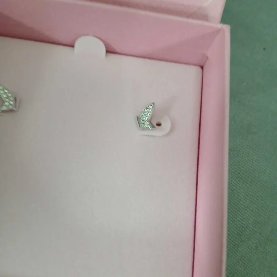 SWAROVSKI SILVER-TONE LEAF-SHAPED STUD EARRINGS WITH CLEAR STONES – BOXED