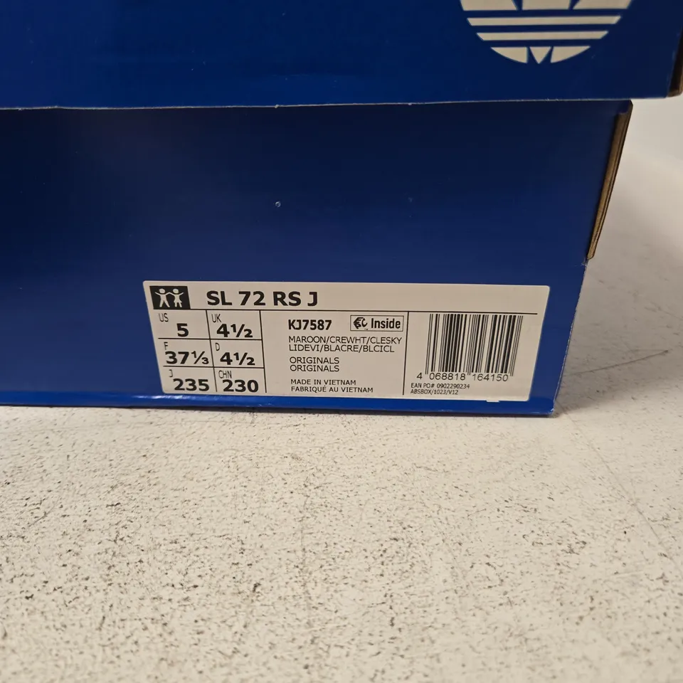 ADIDAS ORIGINALS SL 72 RS J TRAINERS – UK 4.5 (EU 37 1/3; US 5) – MAROON SUEDE WITH CREAM STRIPES