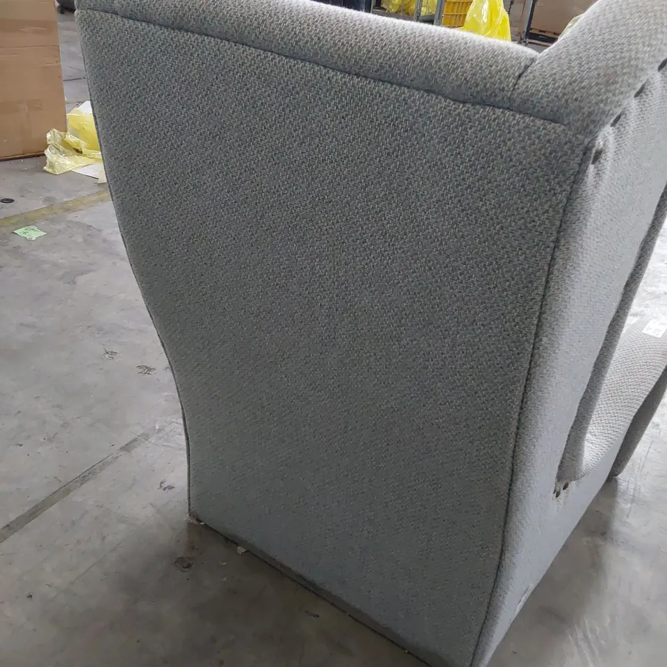 DESIGNER HIGH BACKED WINGED NIGHT PORTERS CHAIR GREY FABRIC WITH STUDDED DETAIL 