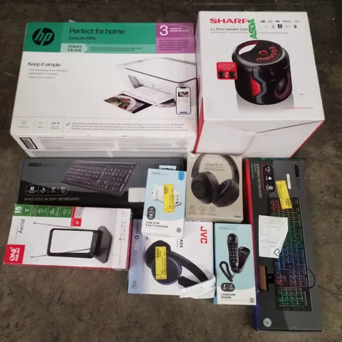 PALLET CONTAINING ASSORTED ELECTRICAL RETURNS INCLUDING HP DESKJET 2810E PRINTER, PARTY SPEAKER SYSTEM, GAMING KEYBOARD, AERIAL, WIRELESS HEADPHONES & LANDLINE PHONE