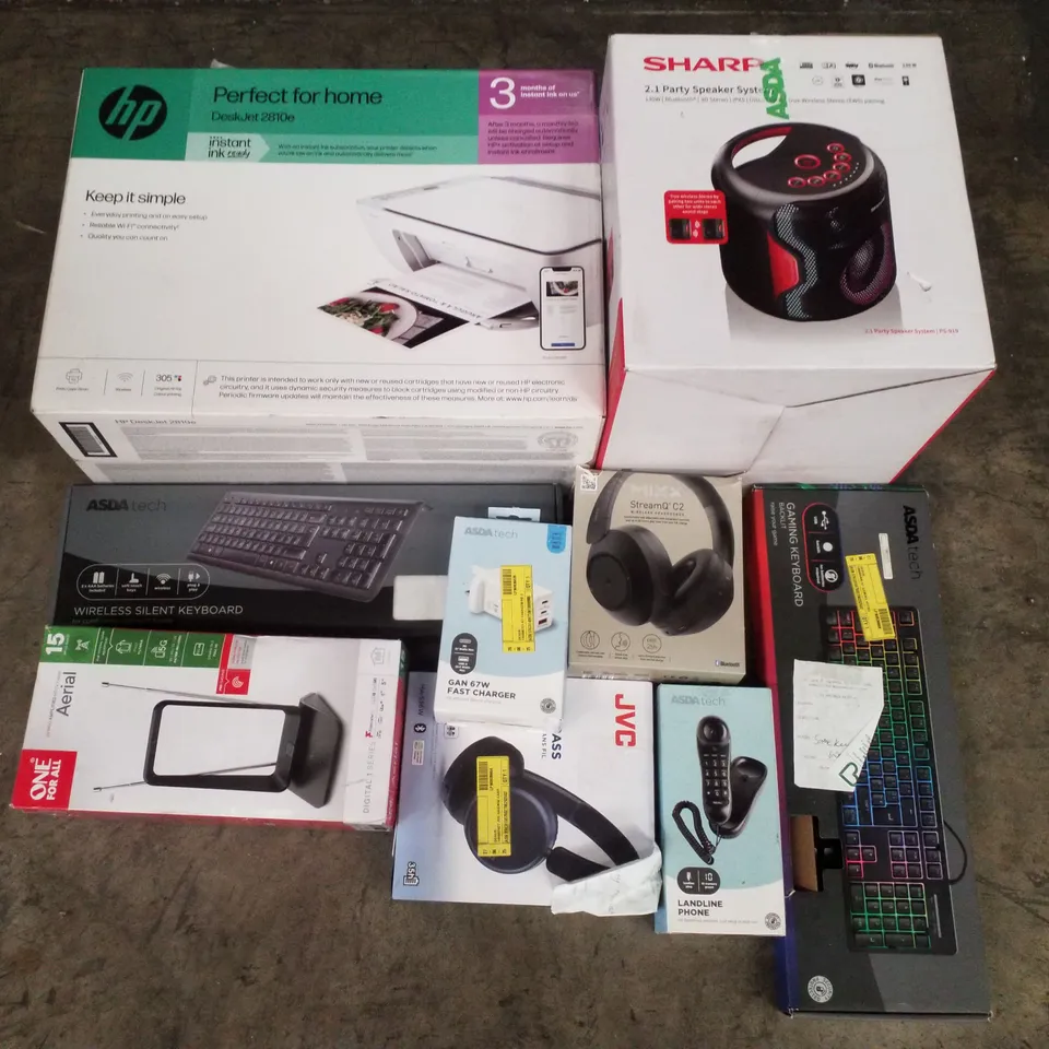 PALLET CONTAINING ASSORTED ELECTRICAL RETURNS INCLUDING HP DESKJET 2810E PRINTER, PARTY SPEAKER SYSTEM, GAMING KEYBOARD, AERIAL, WIRELESS HEADPHONES & LANDLINE PHONE