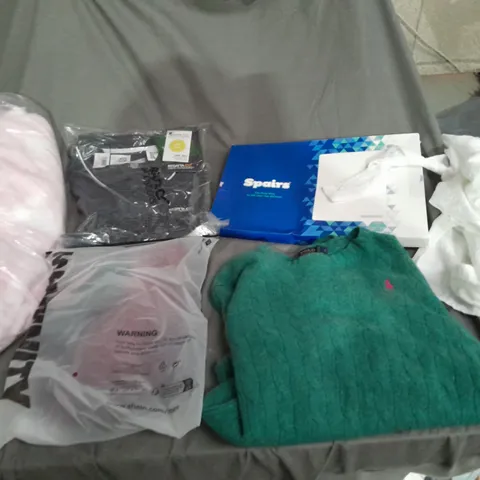 LARGE BOX OF ASSORTED CLOTHING ITEMS IN VARIOUS STYLES, COLOURS AND SIZES