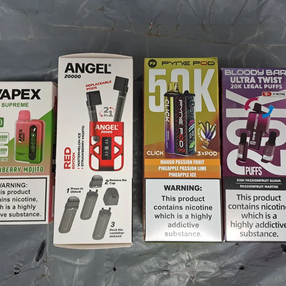 APPROXIMATELY 30 ASSORTED E-CIGARETTE AND VAPE ITEMS TO INCLUDE BLOODY BAR, ANGEL, ETC