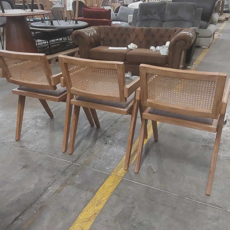 SET OF 3x DESIGNER SOLID WOOD DINING CHAIRS WITH RATTAN BACK AND PADDED SEAT