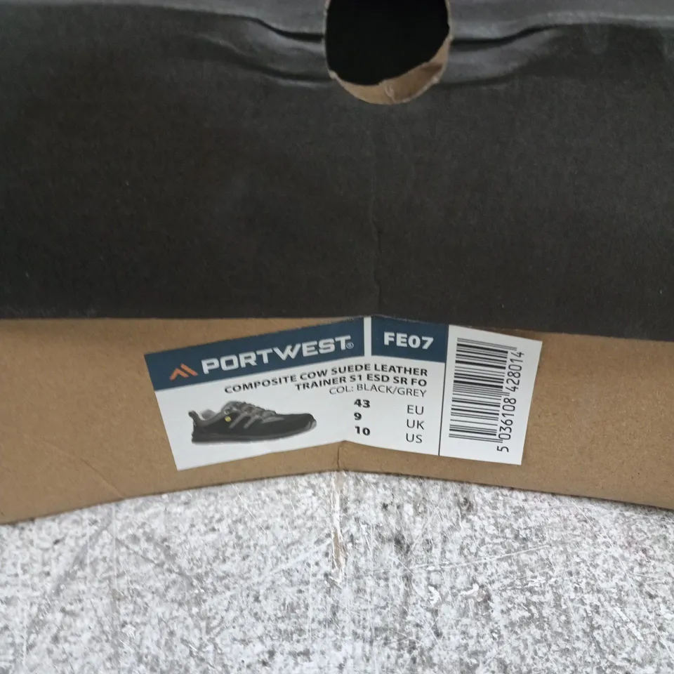 PORTWEST COMPOSITE COW SUEDE LEATHER TRAINER S1 ESD SR FO – BLACK/GREY, UK 9 (EU 43)
