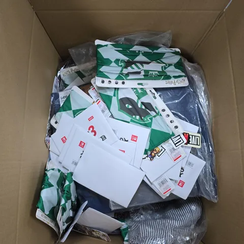 LARGE BOX OF ASSORTED ITEMS TO INCLUDE CLOTHING , BOOKMARKS AND SNOODS