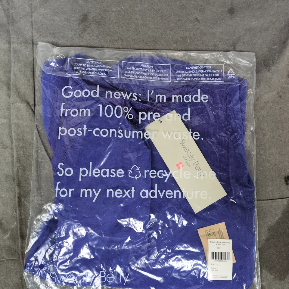 BAGGED SWEATY BETTY BREATHE EASY MESH LONG SLEEVE TOP IN BLUE SIZE XS