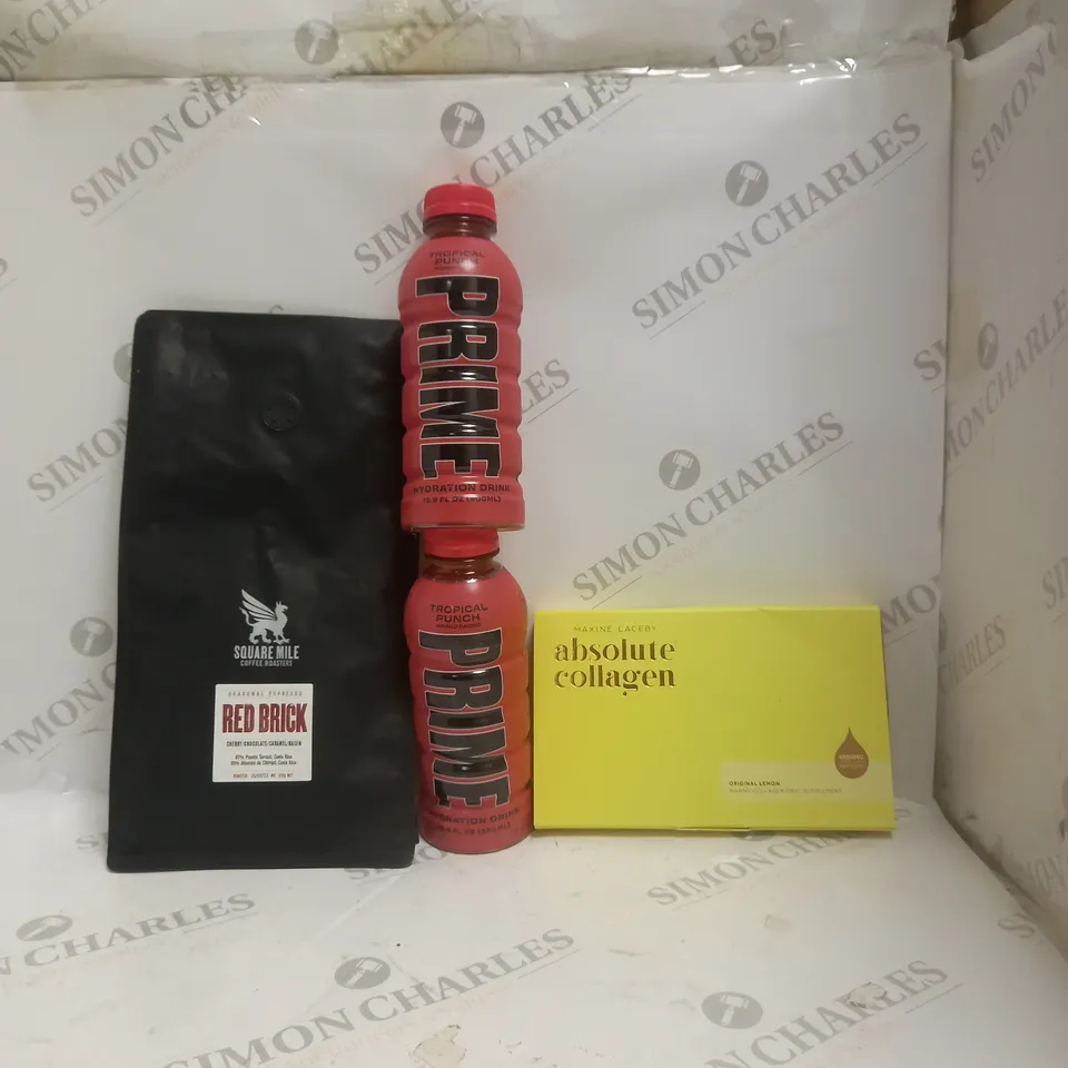 BOX OF APPROX 14 ASSORTED FOOD ITEMS TO INCLUDE - PRIME TROPICAL PUNCH - MAXINE LACEBY ABSOLUTE COLLAGEN ORGINAL LEMON - RQUARE MILE RED BRICK ECT