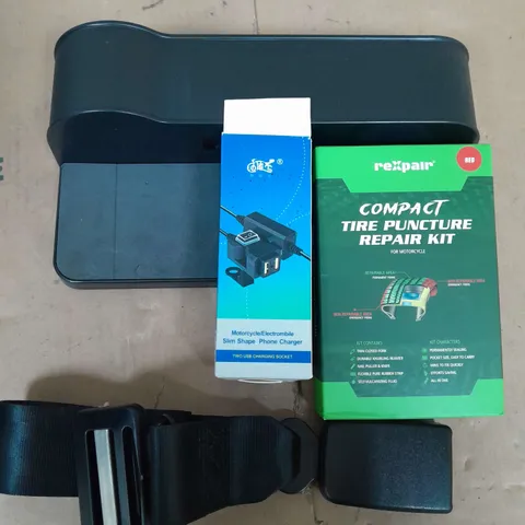 LARGE BOX OF ASSORTED CAR ITEMS TO INCLUDE - COMPACT REPAIR KIT - SEAT BELTS - PHONE CHARGERS / COLLECTION ONLY