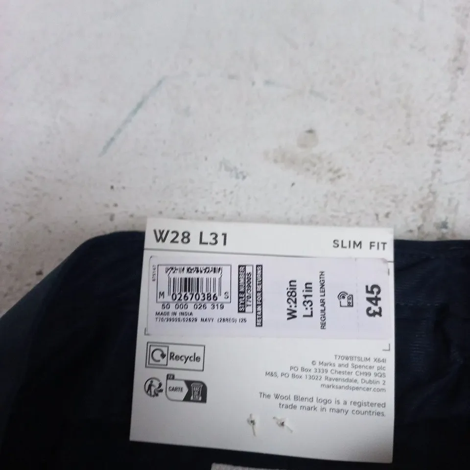 M&S WOOL BLEND TROUSERS – NAVY, UK 28W X L31, SLIM FIT