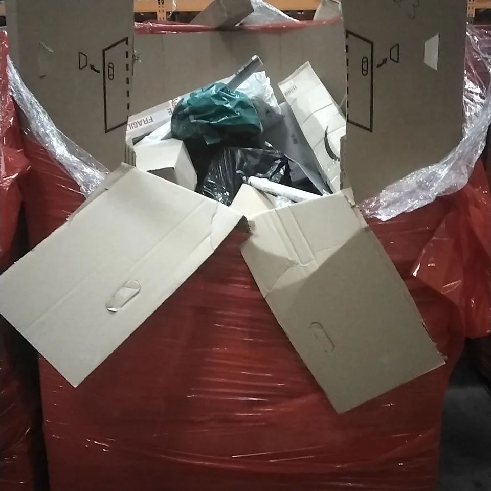 PALLET OF HOUSEHOLD ITEMS TO INCLUDE CEILING FAN LIGHT, 3-1 FAMILY SCALE, PICTURE FRAMES,WREATH AND OTHER ASSORTED ITEMS...