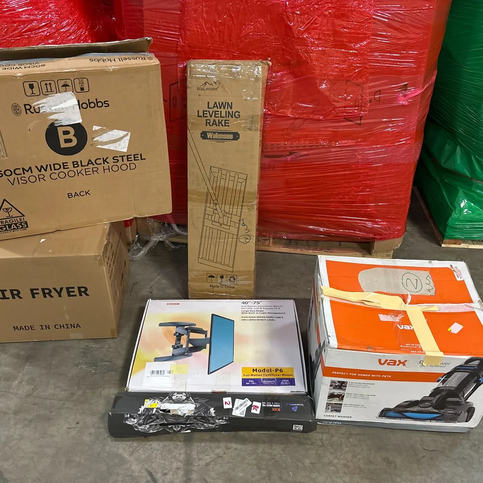 PALLET OF ASSORTED CONSUMER PRODUCTS TO INCLUDE: AIR FRYER, VACUUM CLEANER, VISOR COOKER HOOD, LAWN RAKE. TV MOUNT, GAMING MOUSE MAT ECT