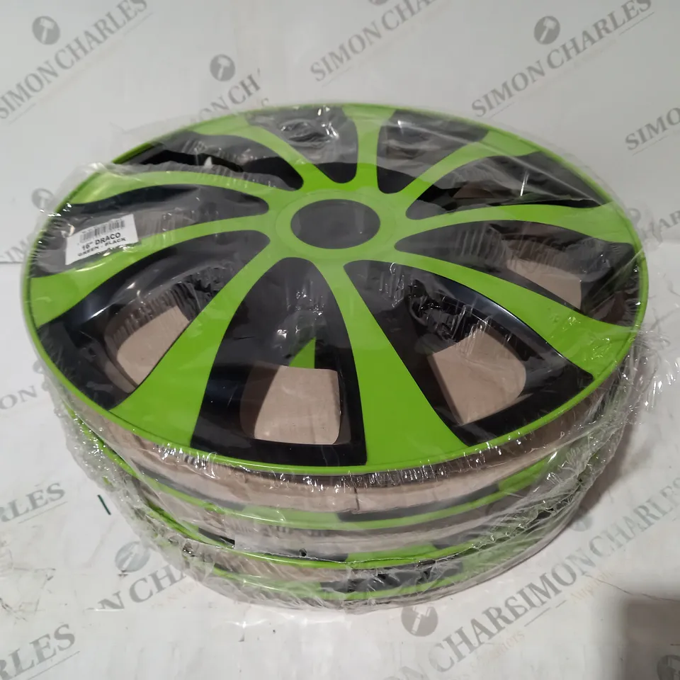 BOXED NRM SET OF 4 DRACO 16" WHEEL COVERS IN GREEN/BLACK