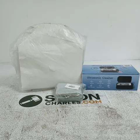 BOX OF APPROXIMATELY 20 ASSORTED ITEMS TO INCLUDE HANDBAG, ULTRASONIC CLEANER, PURSE ETC