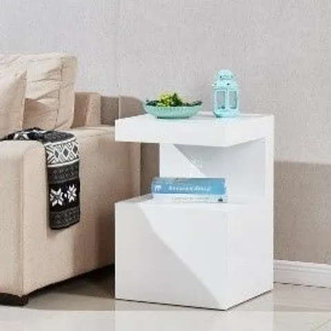 BRAND NEW BOXED VOLTAIRE CONTEMPORARY SIDE TABLE IN WHITE HIGH GLOSS WITH 1 DRAWER (1 BOX)