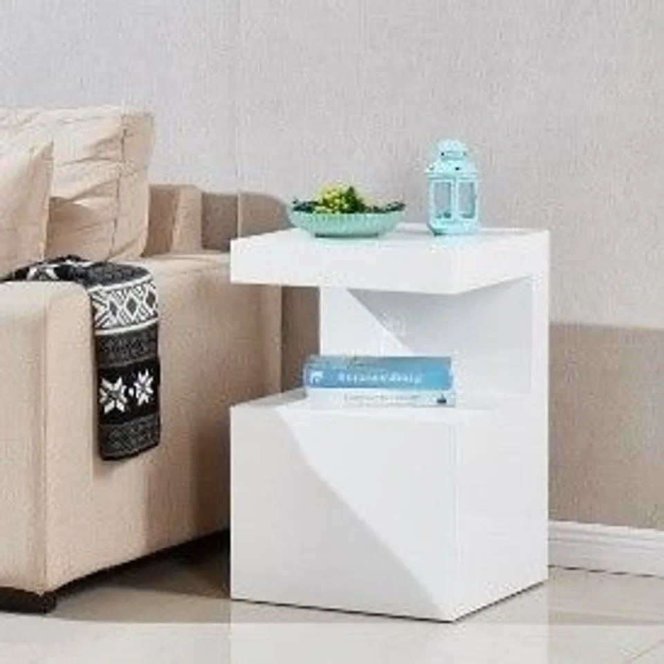 BRAND NEW BOXED VOLTAIRE CONTEMPORARY SIDE TABLE IN WHITE HIGH GLOSS WITH 1 DRAWER (1 BOX)