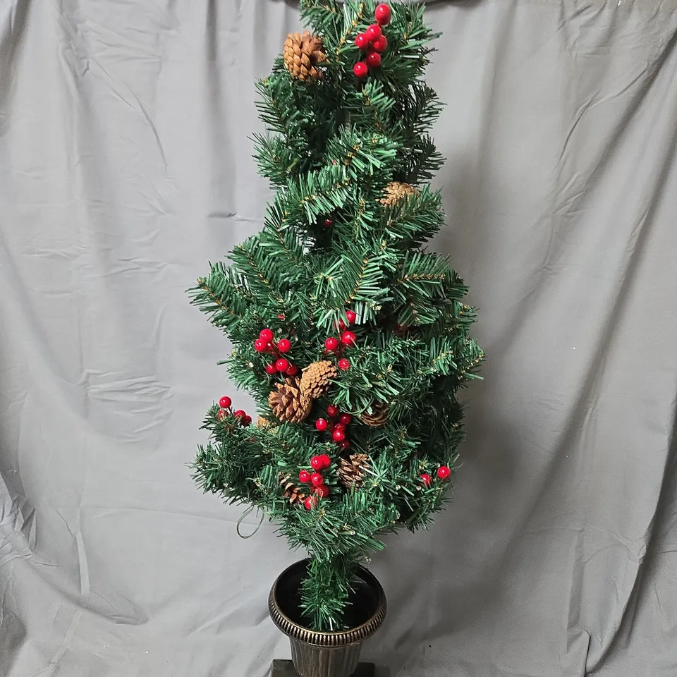 ARTIFICIAL CHRISTMAS TREE TOPIARY WITH PINECONES AND RED BERRIES IN METAL STAND