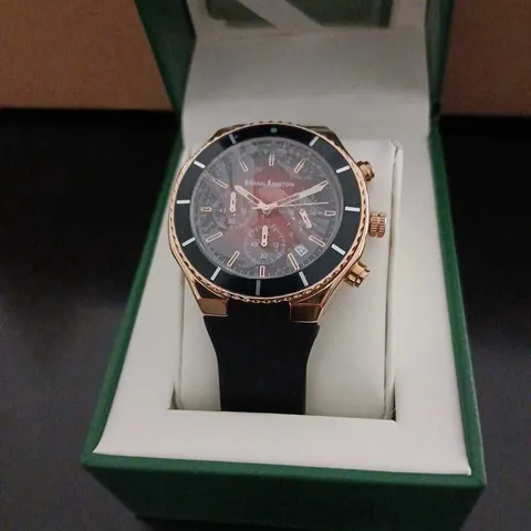 MANN EGERTON ASTRO ROSE RED WATCH – ROSE GOLD CASE, BLACK BEZEL, BLACK STRAP
