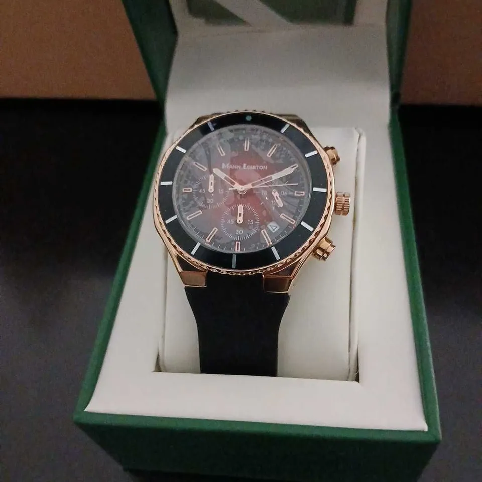 MANN EGERTON ASTRO ROSE RED WATCH – ROSE GOLD CASE, BLACK BEZEL, BLACK STRAP