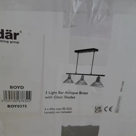 BOXED DAR LIGHTING BOYD 3-LAMP BAR ANTIQUE LIGHT IN ANTIQUE BRASS WITH GLASS SHADE
