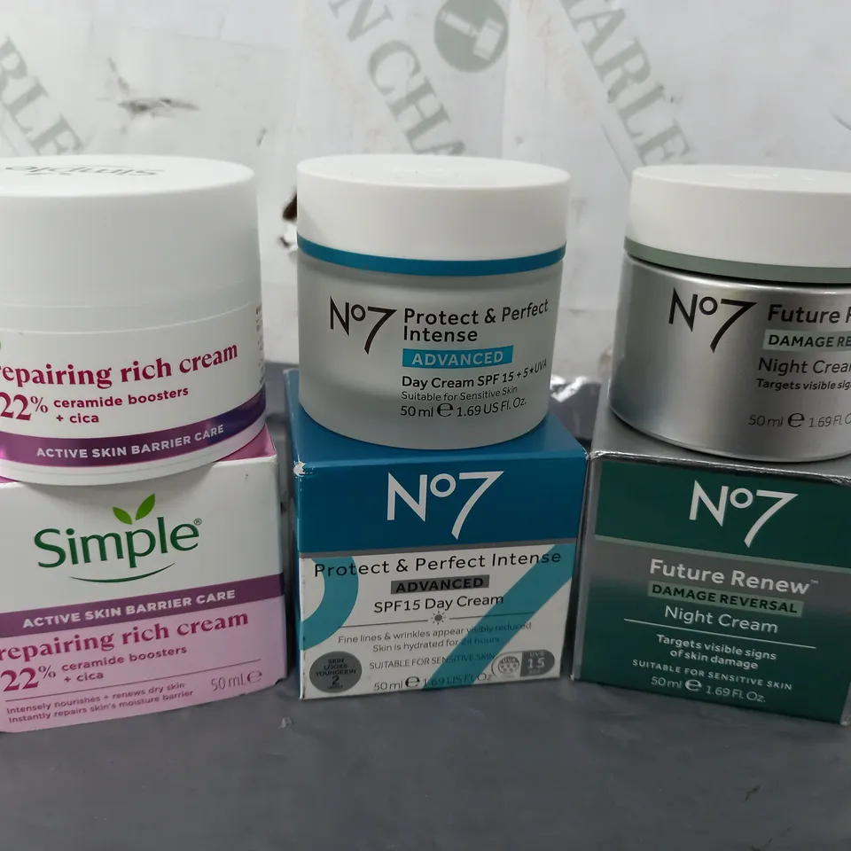 3 BOXED SKINCARE PRODUCTS TO INCLUDE N07 PROTECT & PERFECT INTENSE DYA CREAM (50ml), N07 FUTURE RENEW DAMAGE REVERSAL NIGHT CREAM (50ml), SIMPLE REPAIRING RICH CREAM ACTIVE BARRIER SKINCARE (50ml)