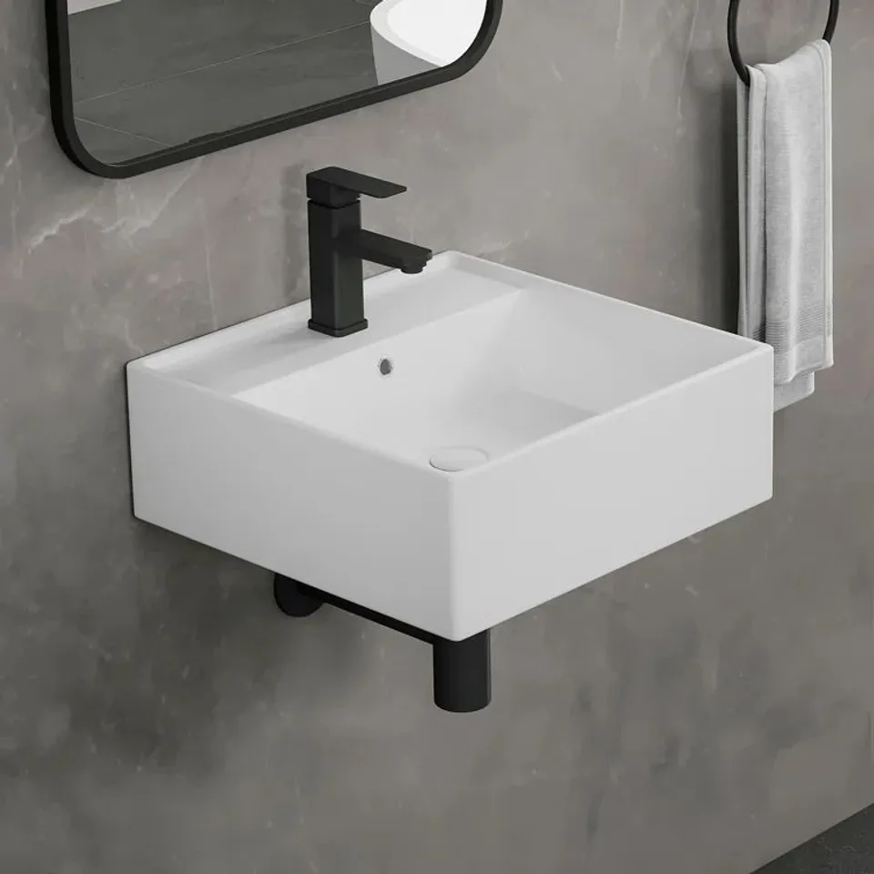 BOXED 410MM × 410MM SQUARE CERAMIC WALL HUNG BATHROOM SINK -WHITE-