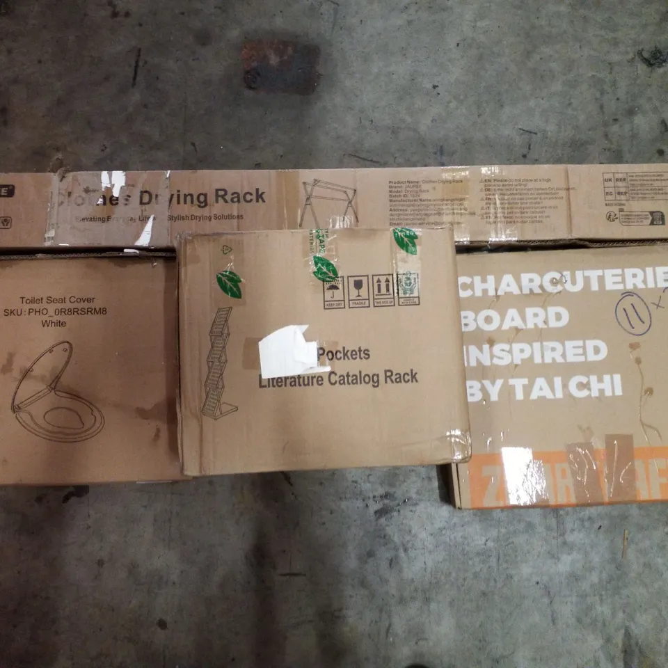 PALLET CONTAINING ASSORTED PRODUCTS INCLUDING CHARCUTERIE BOARD, LITERATURE CATALOG RACK, TOILET SEAT & CLOTHES DRYING RACK
