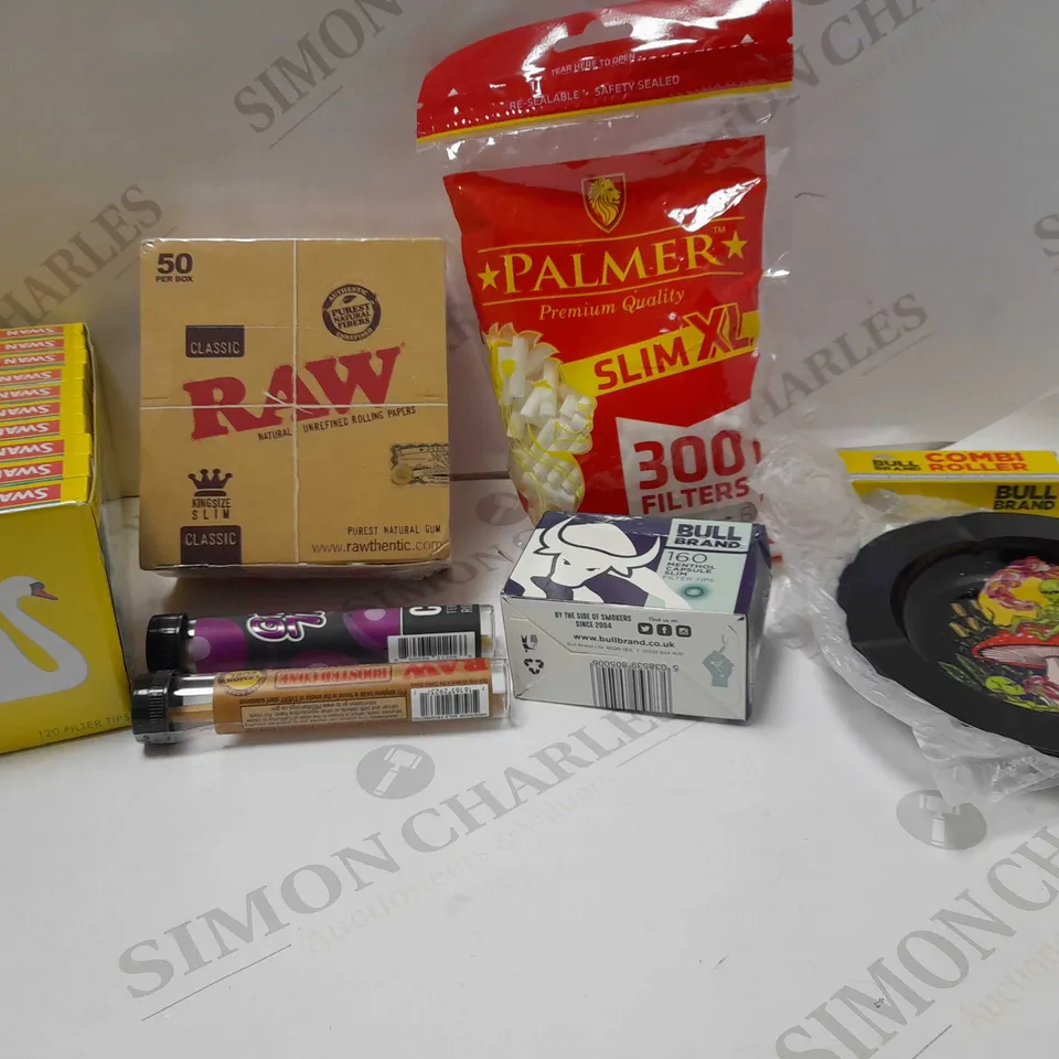 LOT OF APPROX 12 ASSORTED ITEMS TO INCLUDE RAW ROLLING PAPERS, SWAN EXTRA SLIM FILTERS, BULL BRAND MENTHOL SLIM FILTERS, ETC