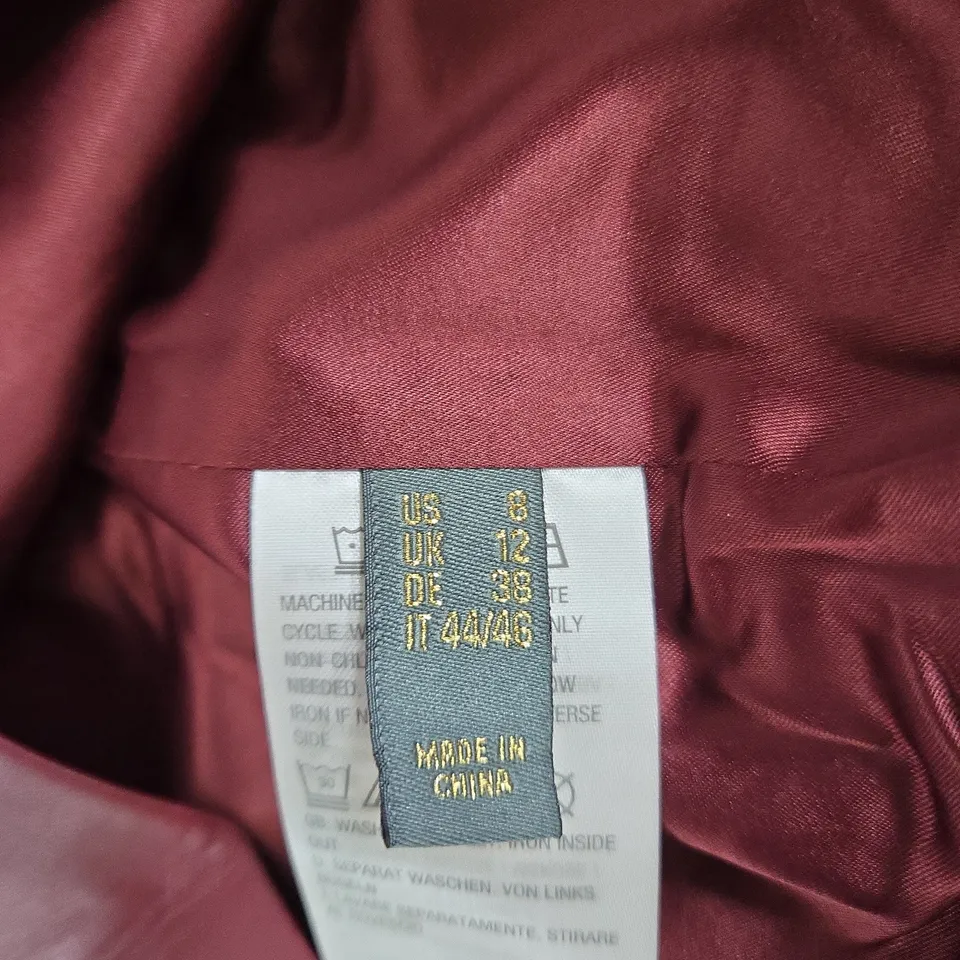 RUTH LANGFORD BURGUNDY LEATHER-LOOK SKIRT, UK 12 – SIDE ZIP