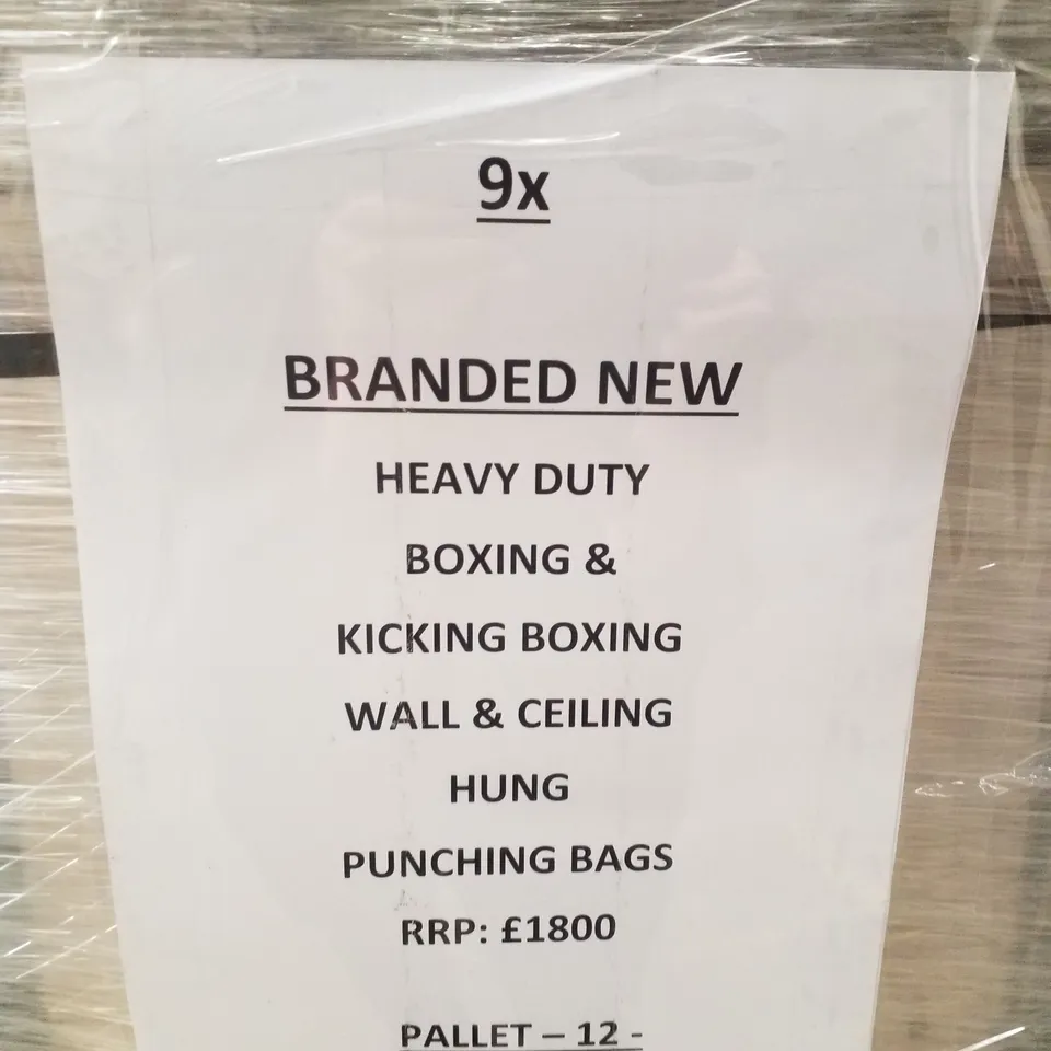 PALLET CONTAINING APPROXIMATELY 9 BRAND NEW HEAVY DUTY BOXING & KICKING WALL & CEILING HUNG PUNCHING BAGS 