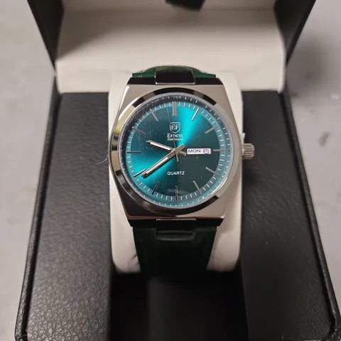BOXED ERNEST FERDINAND MENS GREEN DIAL LEATHER STRAP WATCH