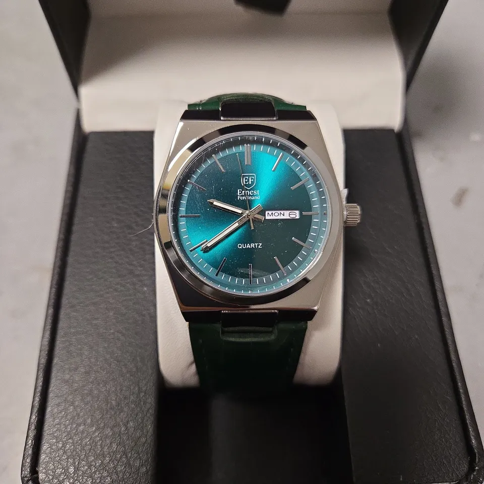 BOXED ERNEST FERDINAND MENS GREEN DIAL LEATHER STRAP WATCH